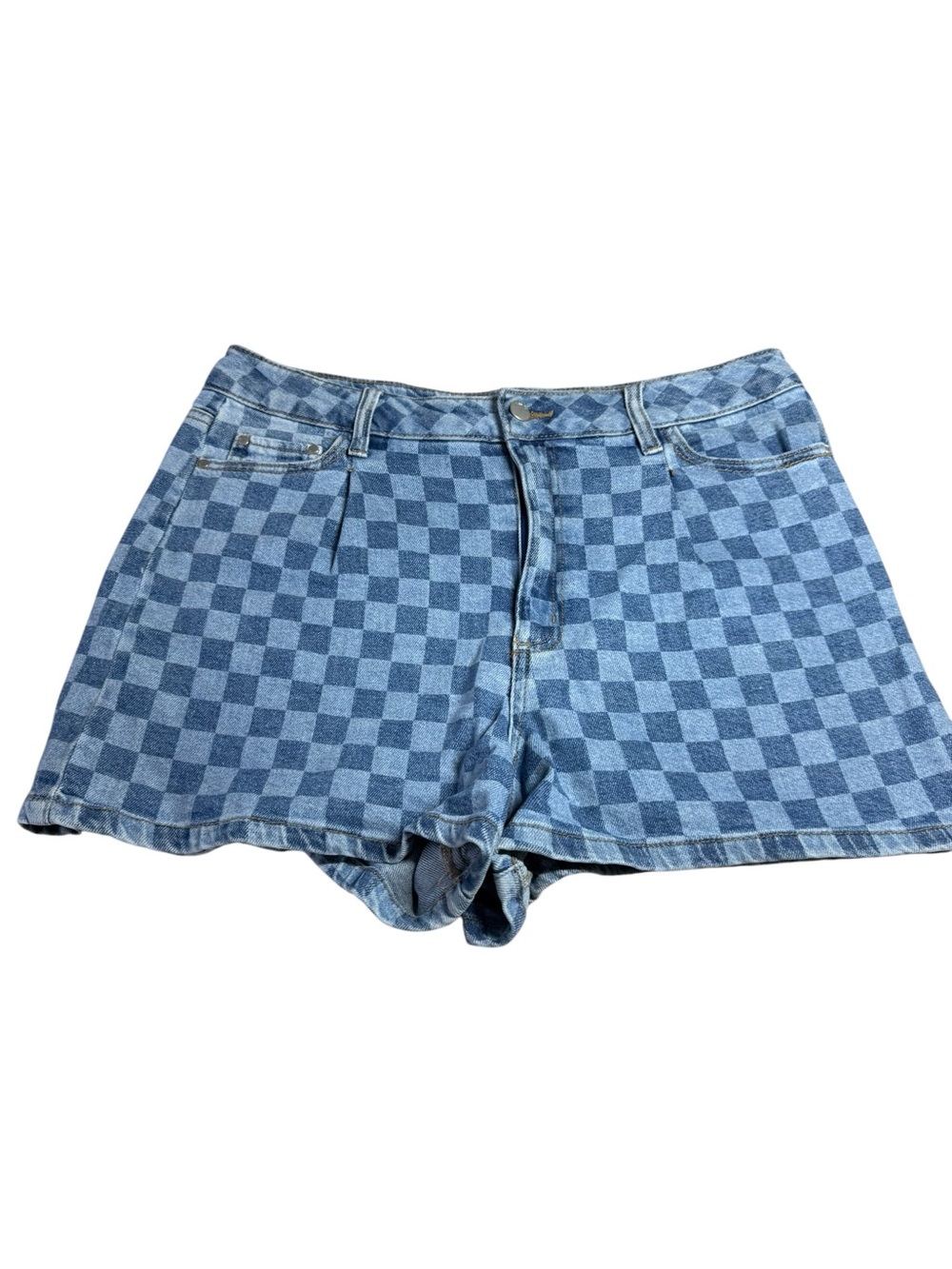 RSQ Checkerboard High-Rise Denim Shorts - Blue